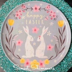 x6 Happy Easter Cherry Blossom Bunny Rabbit Couple Melamine Dinner Plate Set New